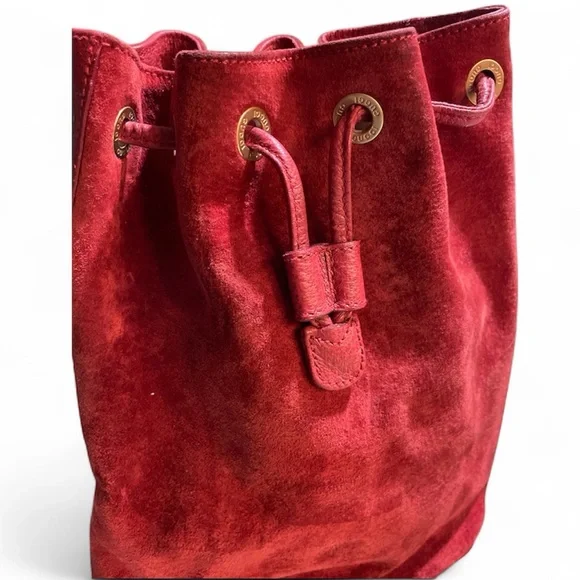 BLACK FRIDAY SALE Authentic Gucci Red Suede & Bamboo Handle Bucket Bag Crossbody - Picture 5 of 16